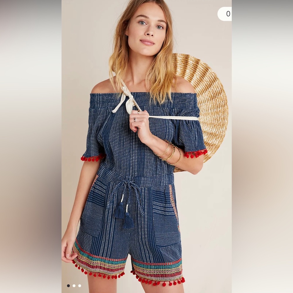 Anthropologie x THML Navy Off-Shoulder embroidered cotton Red Pom Trim romper